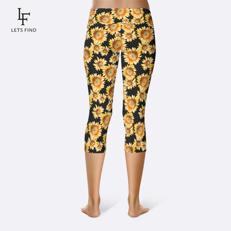 aerie leggings LETSFIND Summer Casual Style High Waist Elastic Capri Leggings New Women Sunflower Printed Mid-Calf Black Leggings thigh highs