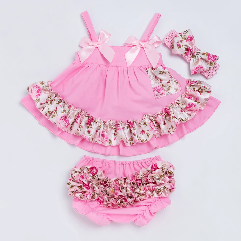 

YK&Loving Flower Print Girls Swing Top Set Fashion Baby Clothing Set Sling Ruffle Bloomer and Headband 3pcs/set Hot Kids Clothes