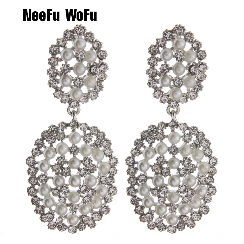

NeeFu WoFu Water Drop Earrings Pearl Big Crystal Earring Rhinestone Dangle Large Long Brinco Printing Ear Oorbellen