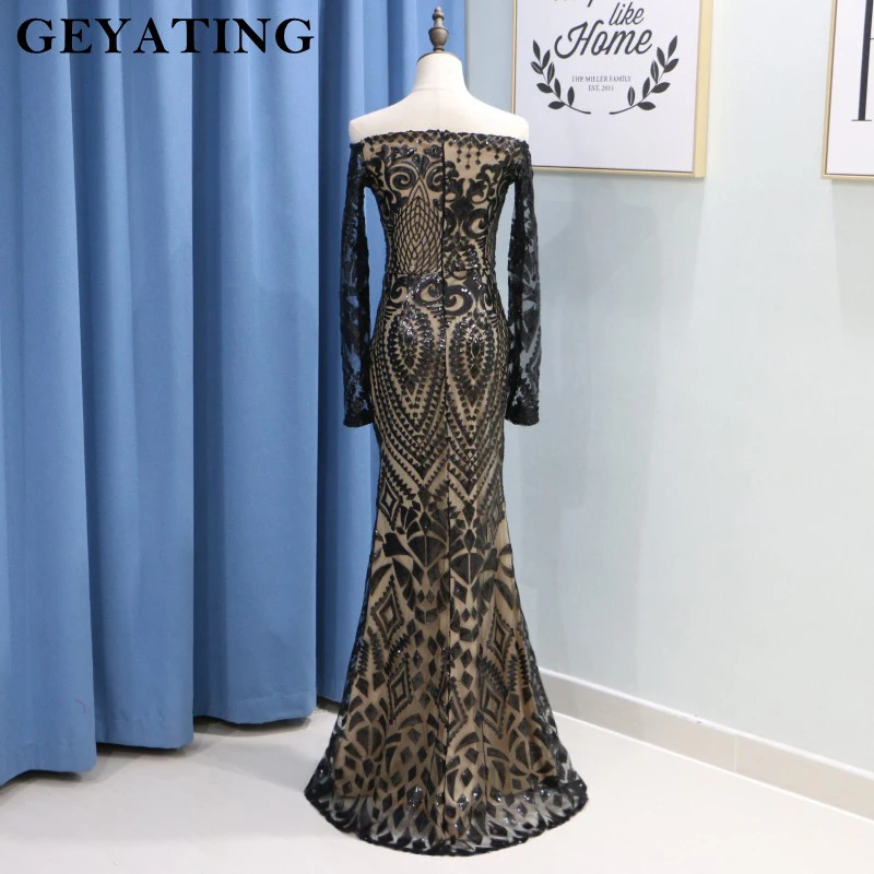 Saudi Arabic Black Sequins Mermaid Evening Dress Long Sleeves Off Shoulder Elegant Women Formal Dress Party Prom Dresses 2019 Saudi Arabic Black Sequins Mermaid Evening Dress Long Sleeves Off Shoulder Elegant Women Formal Dress Party Prom Dresses 2019