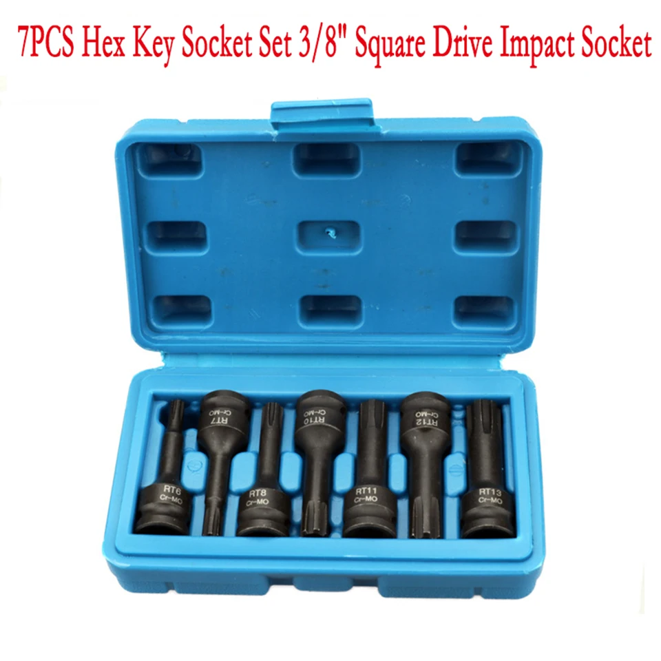 

7PCS 3/8" RT Square Drive Impact Hex Bit Socket Set Air Impact Allen Key Bit Socket Cr-Mo 60mm Long Hex Head RT6-7-8-10-11-12-13