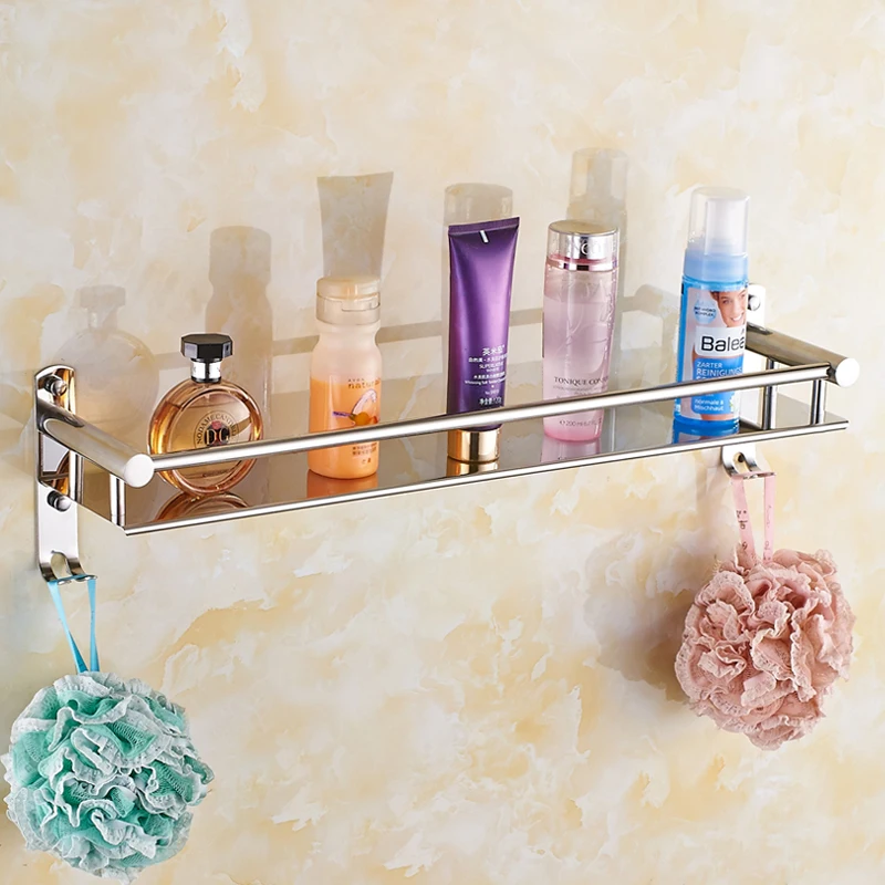 Bathroom Shelf Organizer Stainless Steel Corner Storage Holder Shelves Wall Mounted Toilet Shower Shampoo Cosmetic Rack 2 Hooks