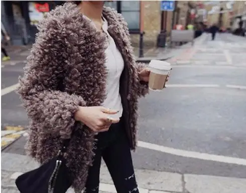 Cou Lâche Agneau Noir Faux O coffee Longue Shaggy Noir Vestes Mi D'hiver Long Élégant Bouclés Fourrure Poilu rose Manteau Femmes dark Brown Survêtement De Rose Laine 7ZqwOX