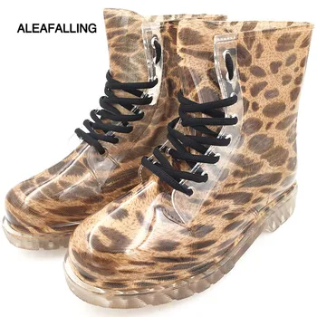 

Aleafalling Transparent Ankle Women Rubber Shoes Fashion Rome Mature Leopard Motorcycle Boot Leisure Lace-up Colorful ShoesW145