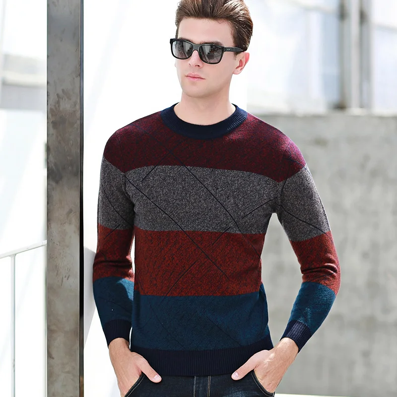 Новое поступление, повседневный мужской свитер, умный Повседневный шерстяной свитер в стиле пэчворк, цветной Мужской Повседневный свитер с Аргайлом, мужской шерстяной пуловер с круглым вырезом - Color: Red