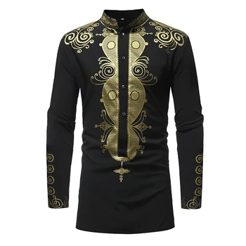 

New Autumn Camisa Masculina Casual Male Shirts Vintage African Ethnic Print Long Sleeve Stand Collar Shirts Tops For Men