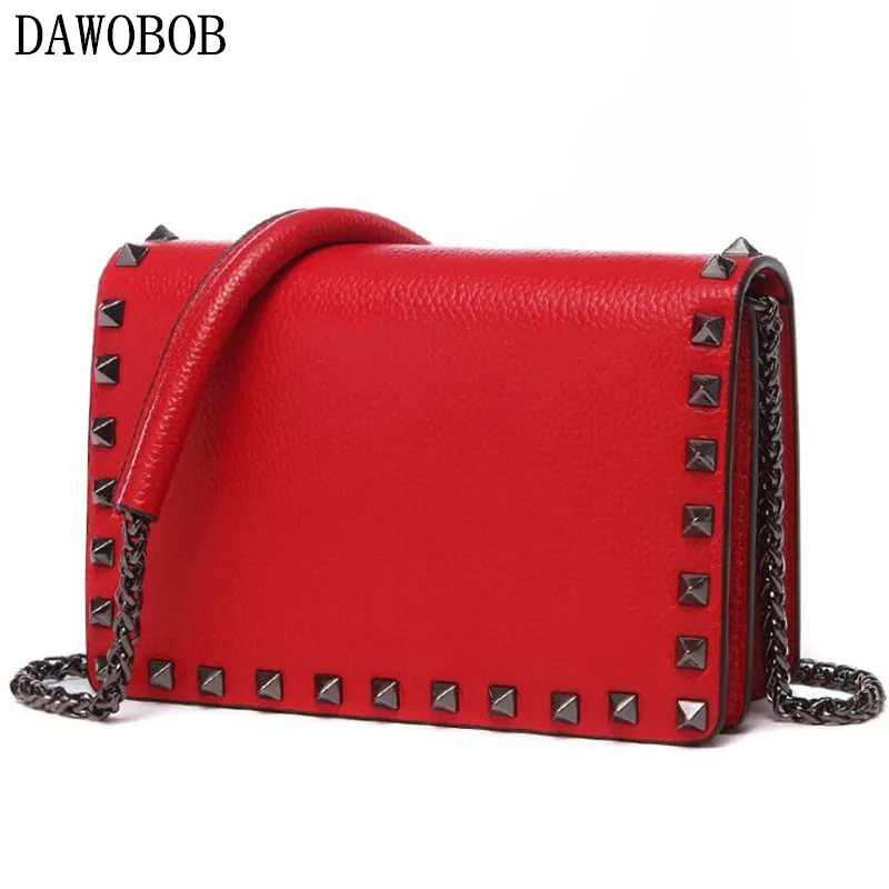 

DAWOBOB 2018 Genuine Leather Women Rivet Messenger Bag Ladies Crossbody Bag Chain Trendy Candy Color Small Flap Shopping Handbag