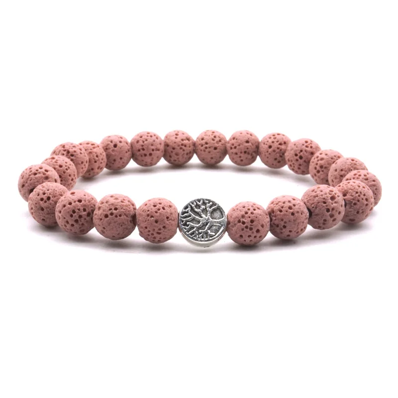 

Gold Silver Tree of Life 8mm Colourful Light Pink Lava Stone Beads DIY Arom Essential Oil Diffuser Bracelet Yoga Strand Jewelry