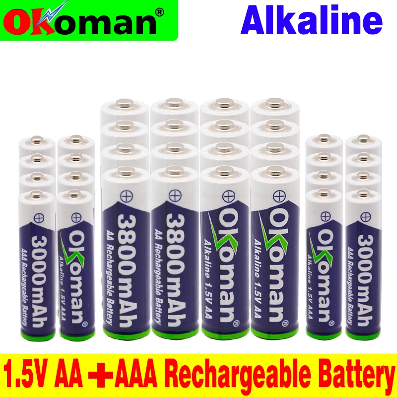 

Okoman 1.5V AAA 3000mAh Alkaline Rechargeable battery + 3800 mAh AA Alkaline battery for LED light toy clock MP3 player