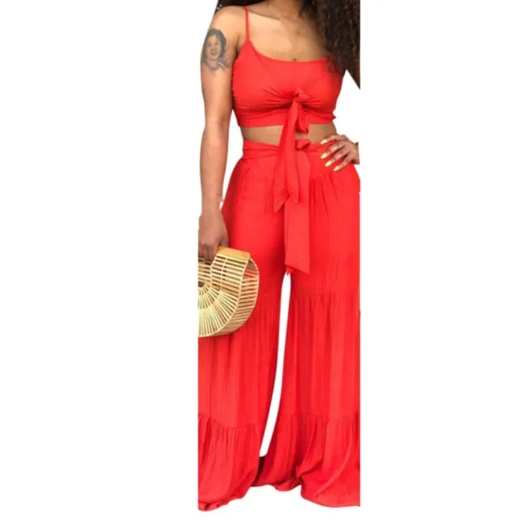 

Solid Women Summer Casual Two Piece Set Front Tie Spaghetti Straps Crop Top And Wide Leg Pants Beach Suit Outfits