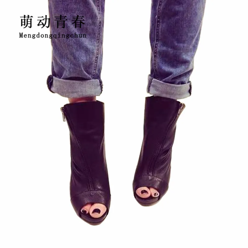 

New Fashion Women High Heels Women Peep Toe Thin Heels Summer Boots Sexy Zipper Pu Leather Nightclub Party Pumps Boots