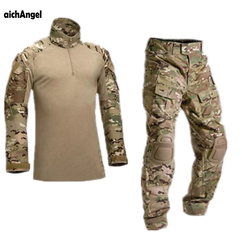 Billige AichAngeI Taktische Tarnung Uniform Kleidung Anzug Männer UNS Armee kleidung Military Combat Shirt + Cargo Hosen Knie Pads