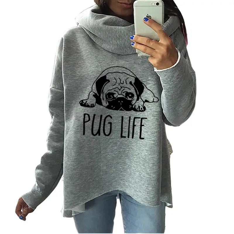 Cute Pug Dog Anime Christmas Clothes 2018 Women Winter Hoodies Scarf Collar Fashion Casual