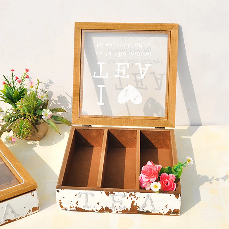 

Wooden Tea Storage Box Sealed For Coffee Tea Leaves Container Transparent Glass Printing Storage Organizer Desktop Tea Boxes
