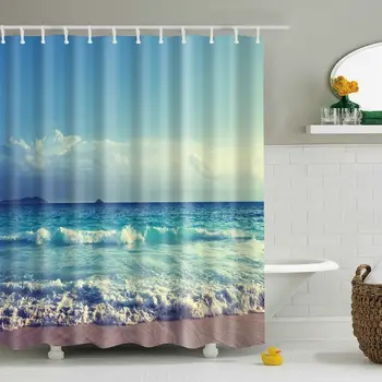 

HD Seascape Printed Polyester Shower Curtains with 12 C-Shape Plastic Hanging Hooks Beautiful Bath Decor