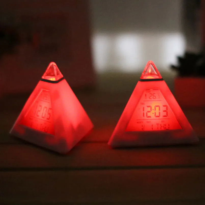 White Pyramid Shape Color Changing Alarm Clocks Temperature Digital Clock Date Display Electronic Table Desktop Clocks