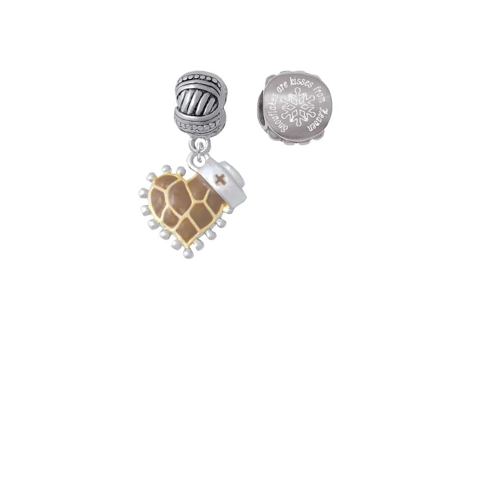 Brown Giraffe Print Heart with Nurse Hat Snowflakes are Kisses from Heaven Charm Beads (Set of 2)