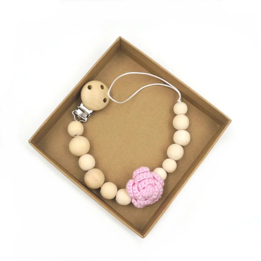 3 pcs Natural wooden soother clip,16mm wood beads handmade crochet flower dummy chain teether, pacifier clip baby gift set NT181