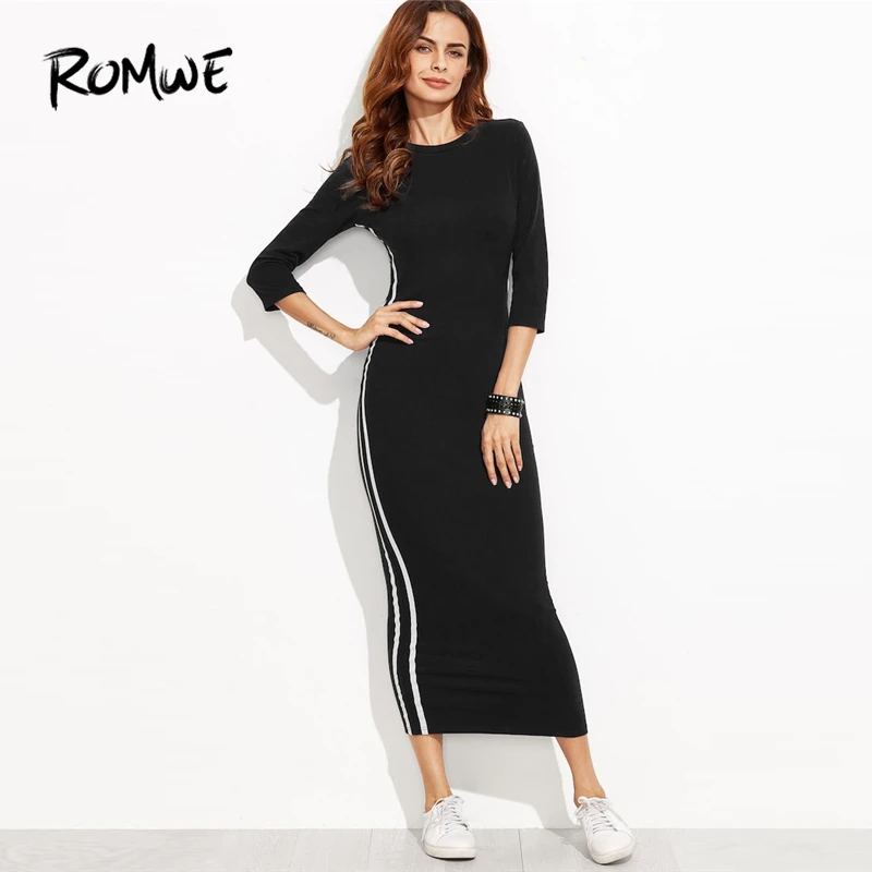 

ROMWE Black Striped Side Seam Fitted Tshirt Dress Women Clothes Autumn Casual 3/4 Sleeve Clothing Female Slim Long Dresses