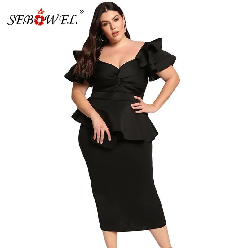 

SEBOWEL Plus size Ruffle Short Sleeve Party Peplum Dress Women Elegant Bodycon Formal Large Size Work Office Midi Dresses 5XL