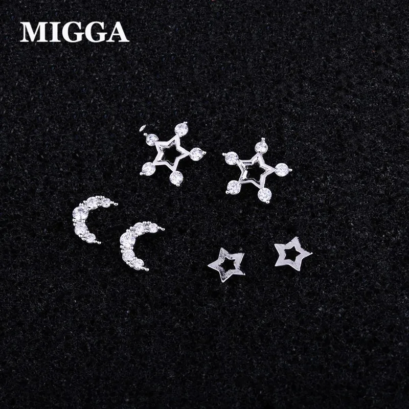 

MIGGA 3 Pairs White Gold Color Cute Moon Star Stud Earrings 925 Silver Needles Small Cubic Zirconia Earrings