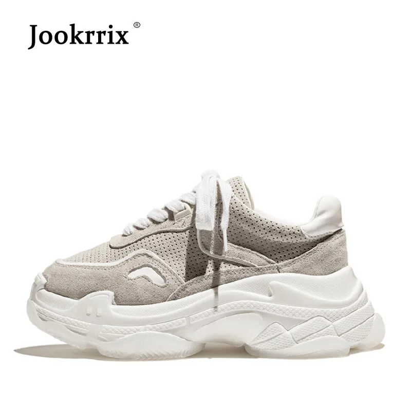 

Jookrrix 2018 New Real Leather Casual Shoes Women Fashion Brand Platform Sneakers Lady chaussure Female footware Breathable Gray