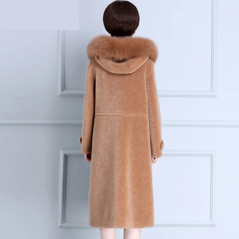 New100 Beige Capuche Slim Véritable À Mouton Veste Manteau Fourrure Européenne Laine De camel Z845 Hiver Femmes Renard Tops SrSnfqaw