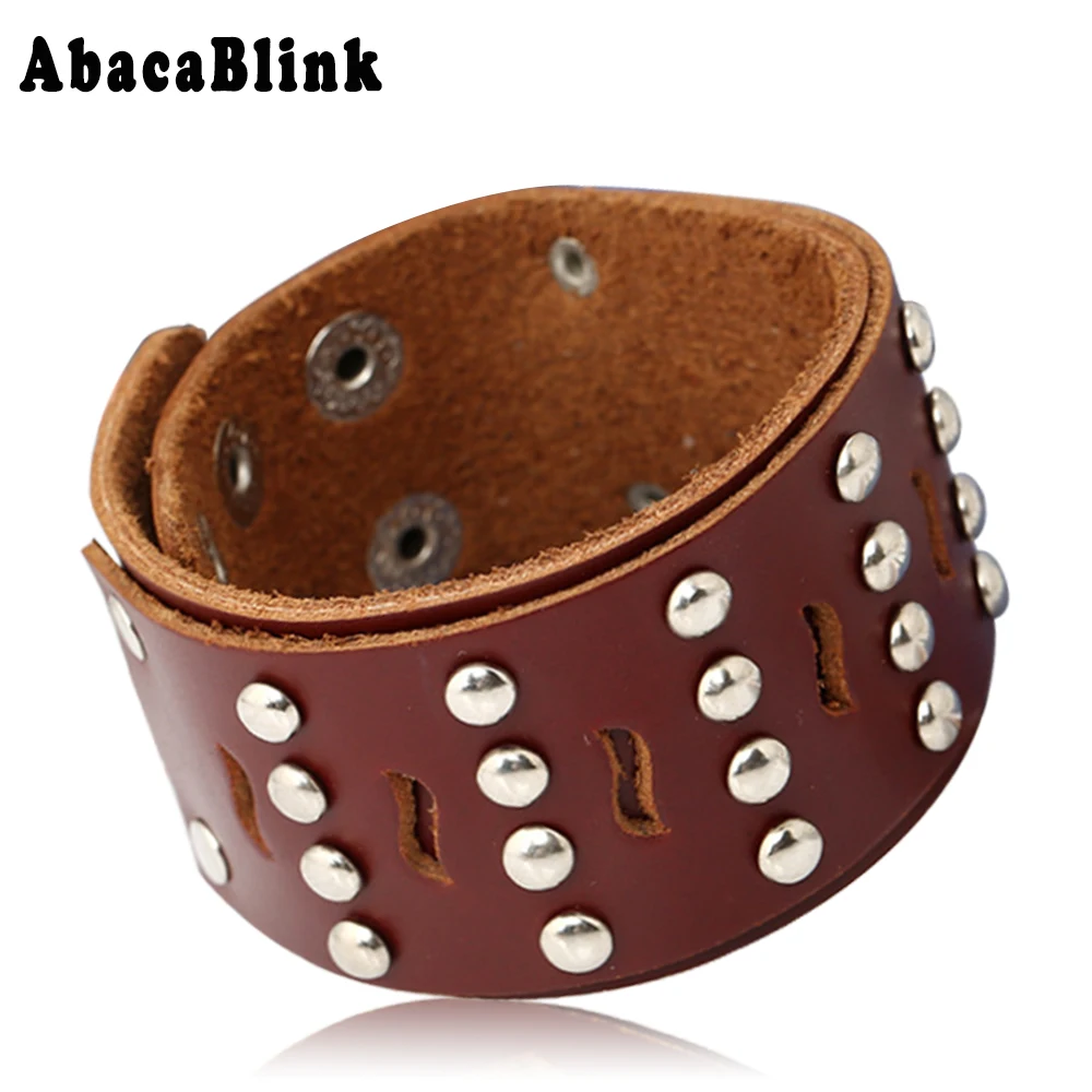 40MM Unique Wide Leather Wrap Bracelets Punk Rock Four Row Rivet Studs Men Bracelet Bangles For