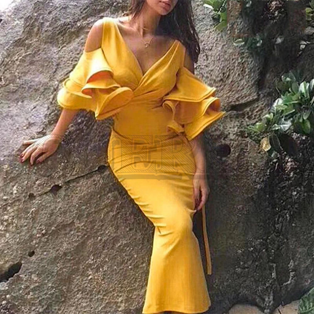 

CUERLY Elegant cold shoulder flare sleeve women dress Sexy v-neck bodycon slim ladies party dress Summer plus size midi dress