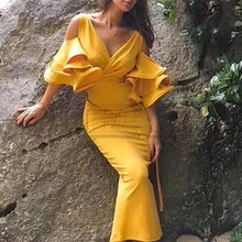 CUERLY Elegant cold shoulder flare sleeve women dress Sexy v-neck bodycon slim ladies party dress Summer plus size midi dress half sleeve cold shoulder plus size dress