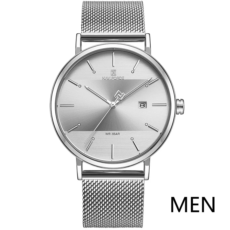 NAVIFORCE Watch Men Fashion Casual Men's Watches Stainelss Steel Mesh Quartz Wristwatch Male Waterproof Date Relogio Masculino - Цвет: Men Silver White