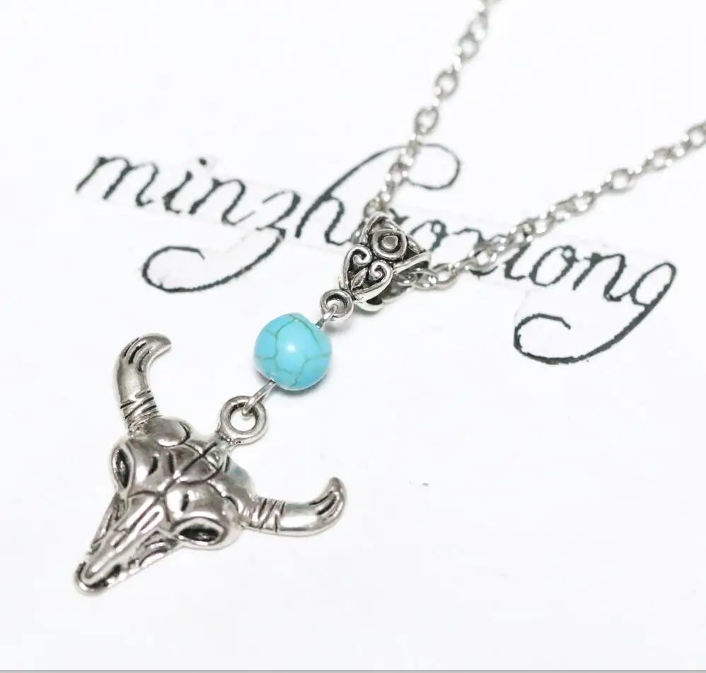 

New Fashion Jewelry Vintage Silver Bull Head Cow Skull Native beads Charms Animal Pendant Collars Statement Necklace Women