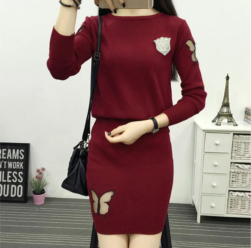 

Autumn women's tracksuits knitting tops+skirt butterfly hollow two pieces sporting suits tracksuit for grils