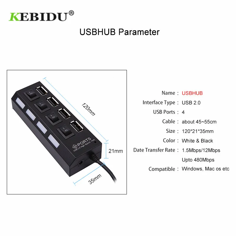 KEBIDU высокоскоростной usb-адаптер с кабелем включения/выключения питания мини 4 порта USB 2,0 концентратор светодиодный для ноутбука ноутбук внешний