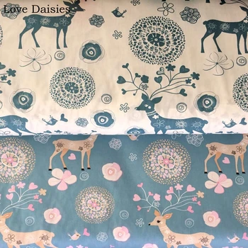 

100% Cotton Twill WHITE BLUE Cartoon Cherry blossoms Flowers Sika Deer Fabrics for DIY Bedding Apparel Dress Patchwork Handcraft