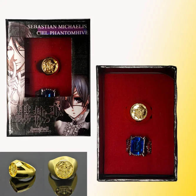 

18cm 2pcs/lot Black Butler Ciel Phantomhive Animation Decoration Collection Cosplay Lovers Rings Golden Eagle Blue Stone