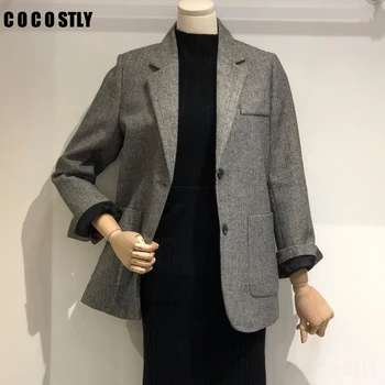 

2019 Autumn Korean Blazer Women Herringbone Pattern Casual Blazers Single Breasted Office Lady Vintage Woolen Blazer Coats