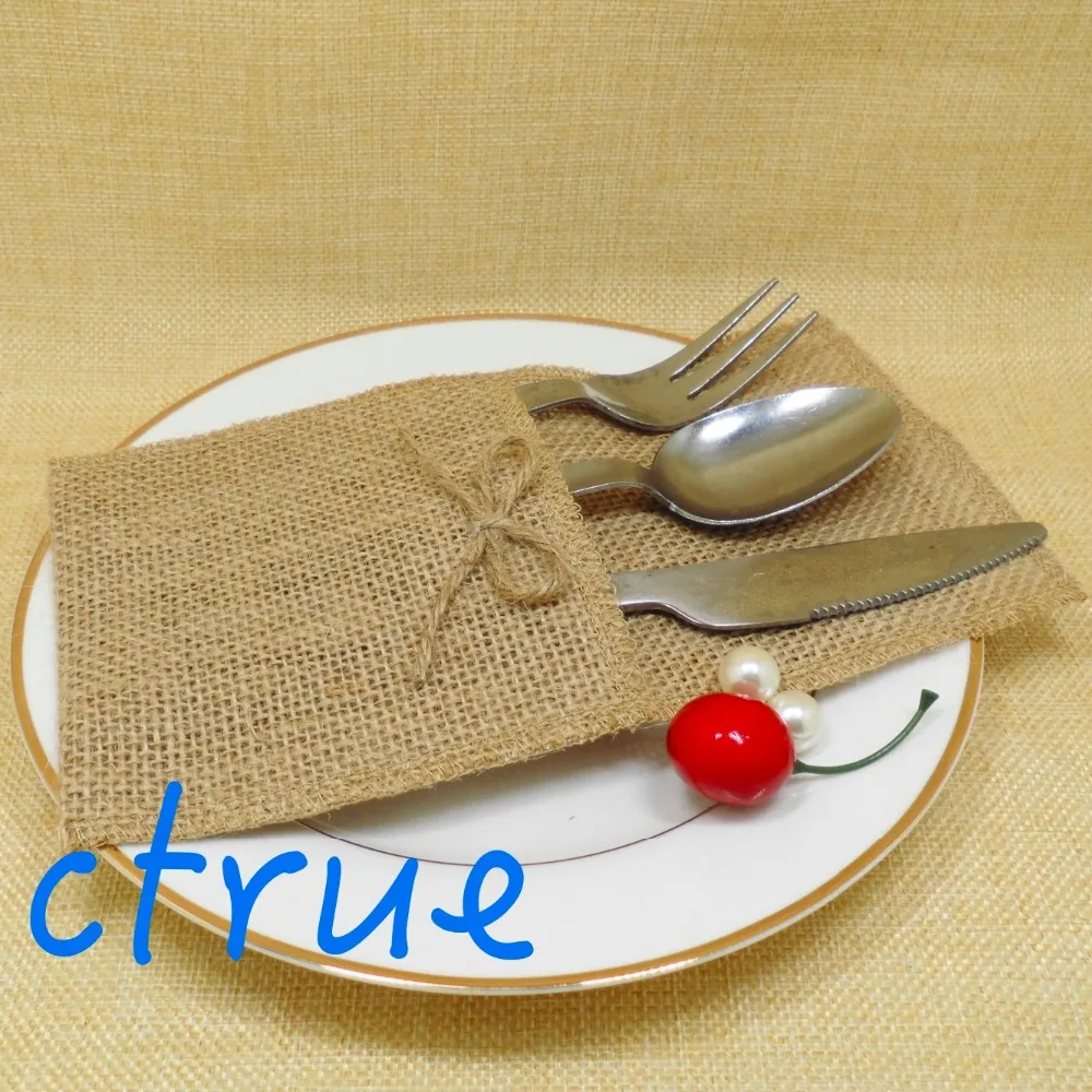 12PC BowTie Silverware Holders Jute Hessian Cutlery Pocket Burlap