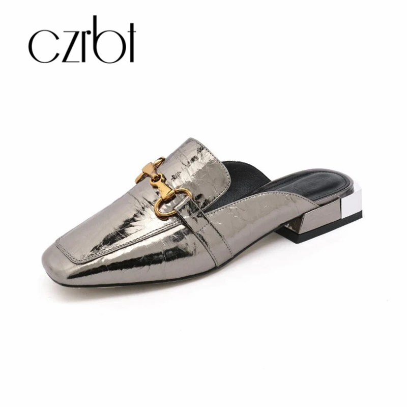 

CZRBT 2019 New Trendy Madam Leather Slippers Metal Decoration Hand-made Slip-proof Comfortable Low-heeled Lady Slippers
