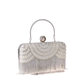 

2019 Silver Gold Full Pearl Diamonds Evening Bag for Women Elegant Ladies Tassel Rhinestone Handbag Chain Purse Day Clutches New