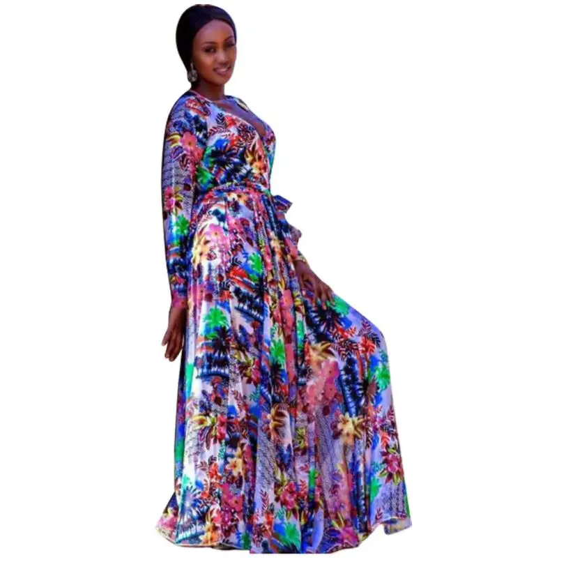 Стильная африканская женская одежда Дашики модный принт эластичная одежда с длинными рукавами платье супер размер длинное платье для лета - Цвет: Многоцветный