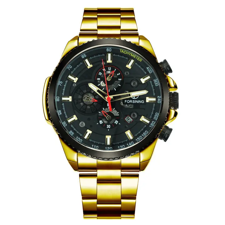FORSINING Топ бренд Роскошные автоматические механические часы для мужчин хронограф 3 суб-циферблат Дата Мода Стальной ремешок relogio masculino - Цвет: GOLDEN BLACK