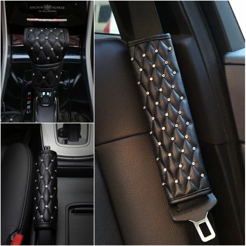 Crystal-Diamond-Car-Seat-Belt-Cover-PU-Leather-Shoulder-Pad-Hand-Brake-Shifter-Covers-Universal-Fit-Car-Interior-1
