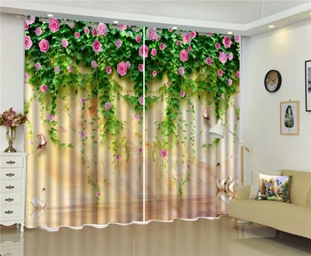 

Curtain Beautiful Swan Lake Pink Rose Growing In Pieces 3d Scenery Curtains, Beautiful And Comfortable Blackout Curtains