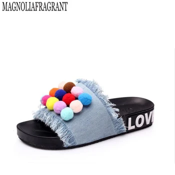

PomPom Sandal 2017 Summer slippers Women Sandals Tassel shoes Hairball Flip Flops cowboy platform shoes z120