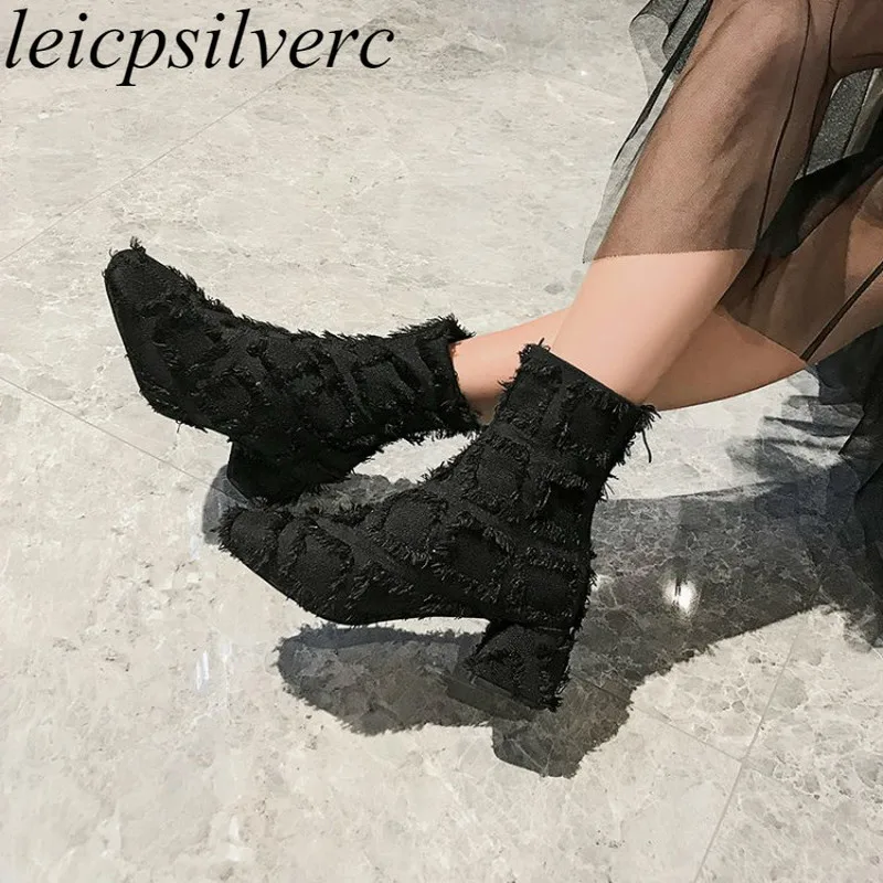 

Women's Boots Autumn Winter High Heel Warm Denim Zip Square Toe Ankle Chelsea Shoes Thick Heel 2019 New Sexy Fashion Black Brown