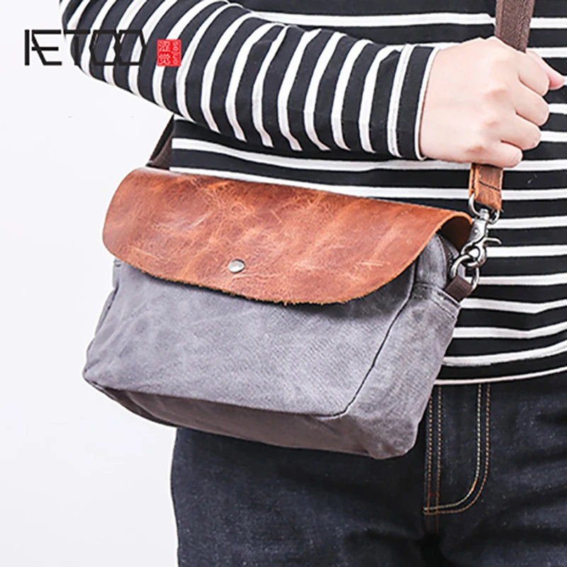 

AETOO Male retro canvas bag male flip bag casual fashion men single shoulder oblique cross bag simple bag