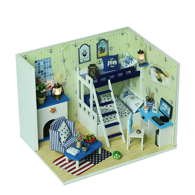 DIY деревянный кукольный дом темно синий мечта собрать 3D миниатюры кукольный домик модель мини кукольные домики мебель игрушки для малыша подарок - Цвет: ZWX091