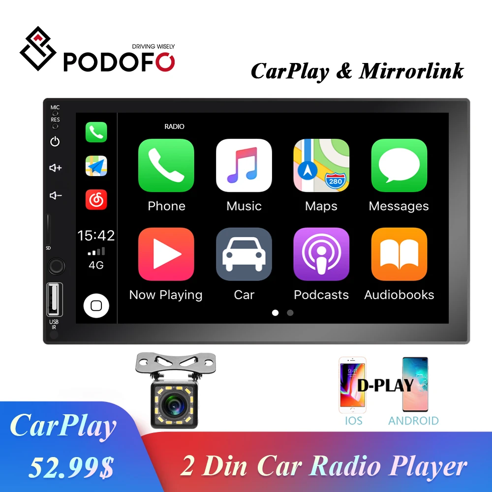 

Podofo 2 Din Car Radio 7'' HD Touch Screen Auto Radio Stereo Multimedia Audio Video MP5 Player Bluetooth FM Mirror link Car Play