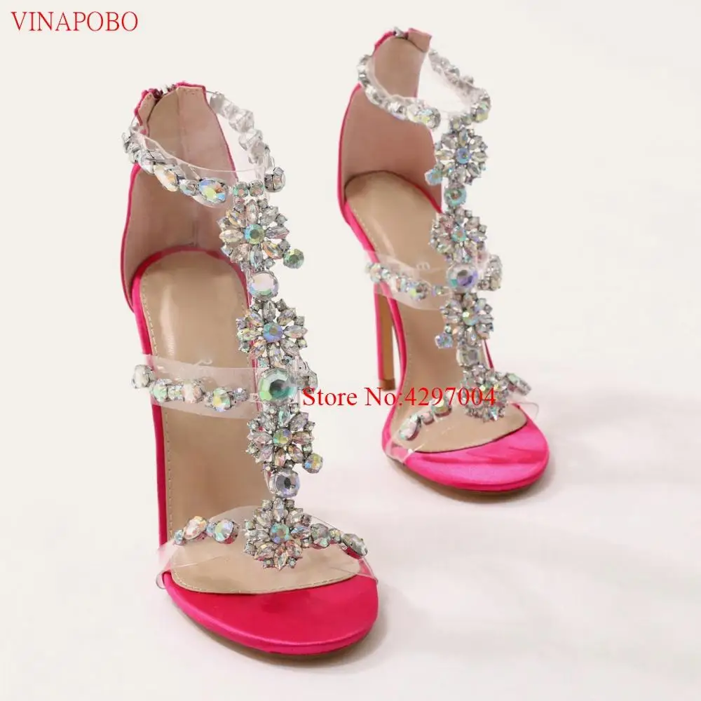 

Vinapobo New Summer sandals women Buckle Strap Luxurious Crystal Chain Transparent PVC High Heel OpenToe Sexy Sandals Shoes